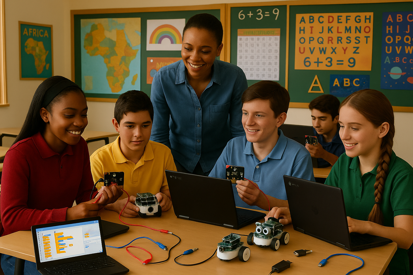 High school students and teacher using Chromebooks, Scratch, and micro:bit in classroom