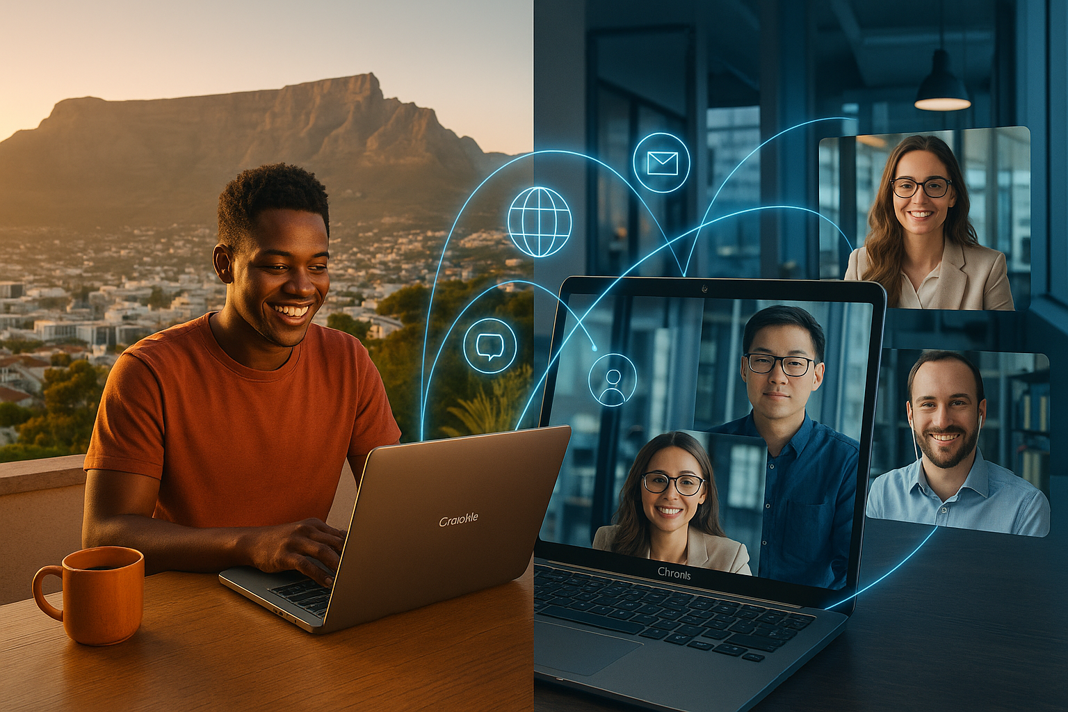 Split-screen showing global connection between South African worker and international colleagues