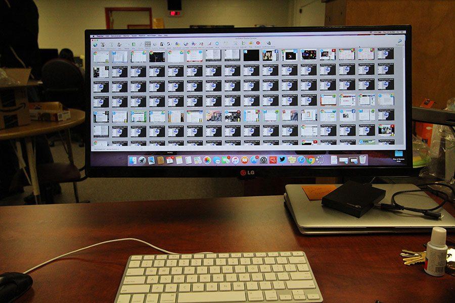 Computer monitor displaying a grid of student devices, using LanSchool Teacher Console.