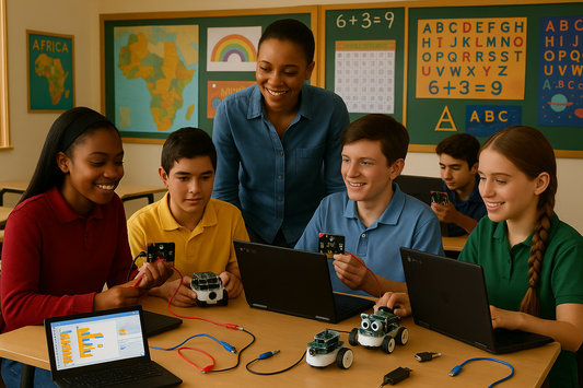 High school students and teacher using Chromebooks, Scratch, and micro:bit in classroom