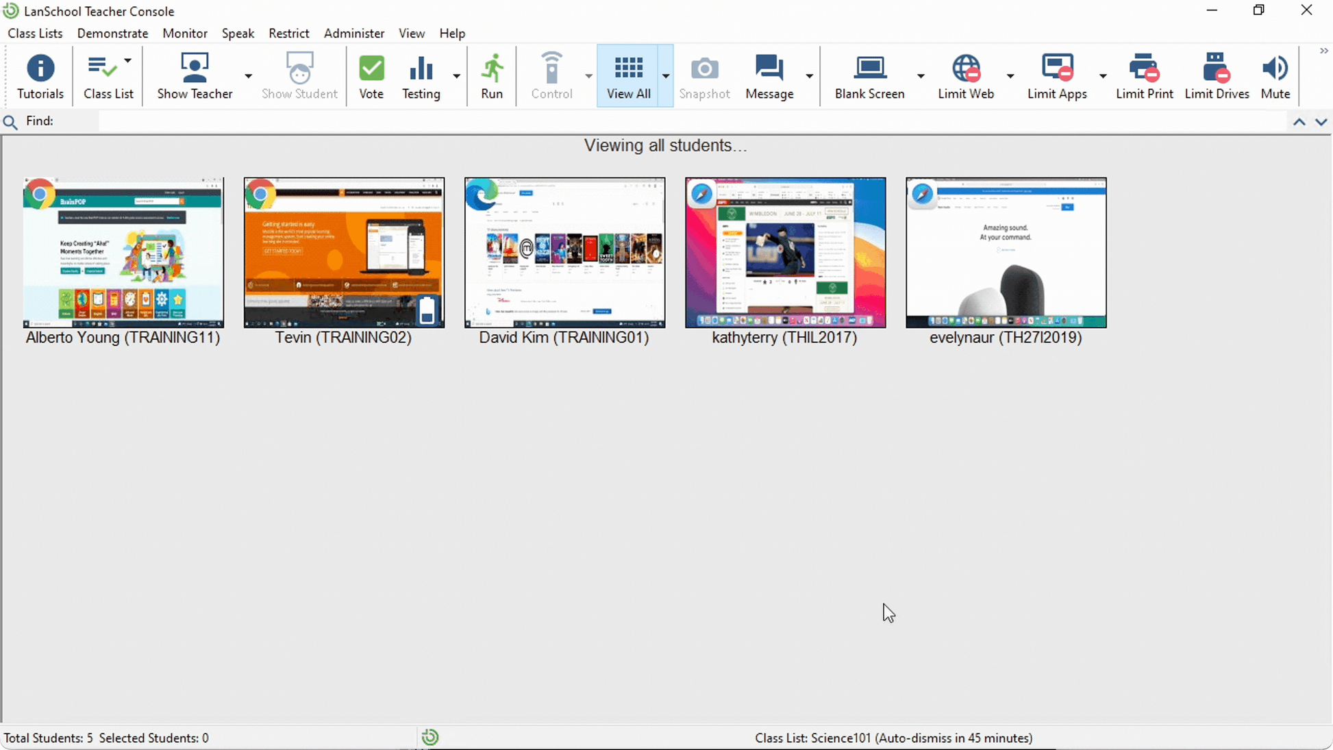 Screen capture of the LanSchool Teacher Console interface with multiple video thumbnails on a white background