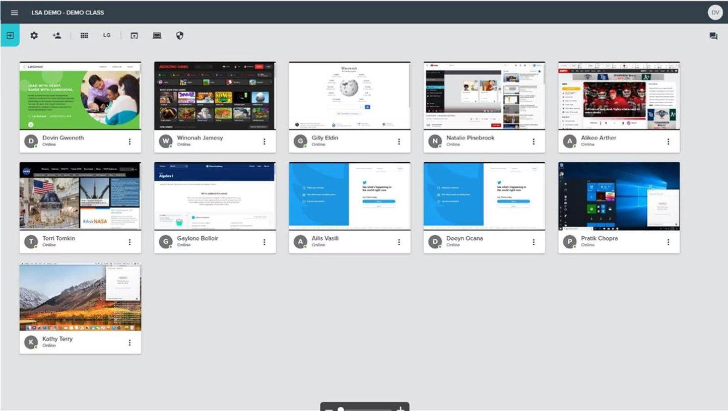 Screen capture of the LanSchool Teacher Console with multiple student desktops displayed.