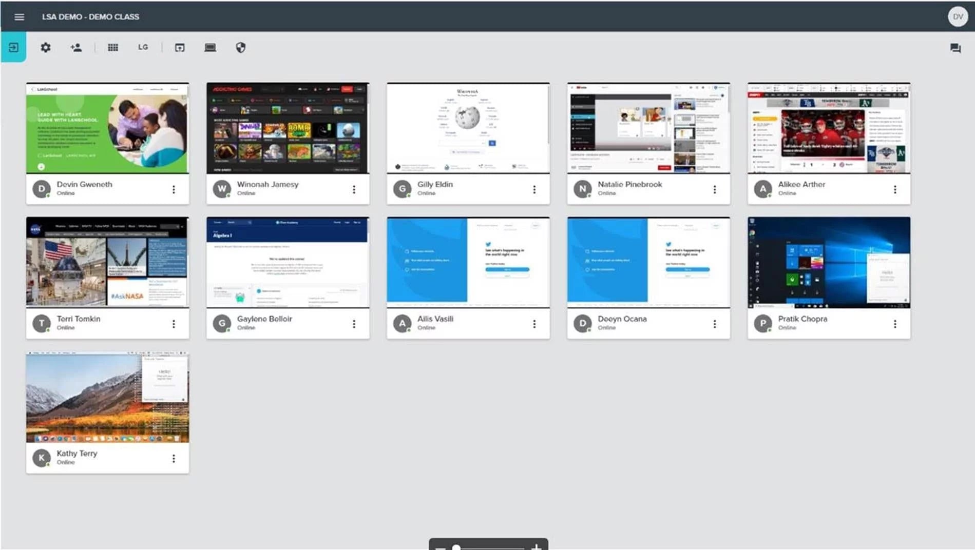 Screen capture of the LanSchool Teacher Console with multiple student desktops displayed.